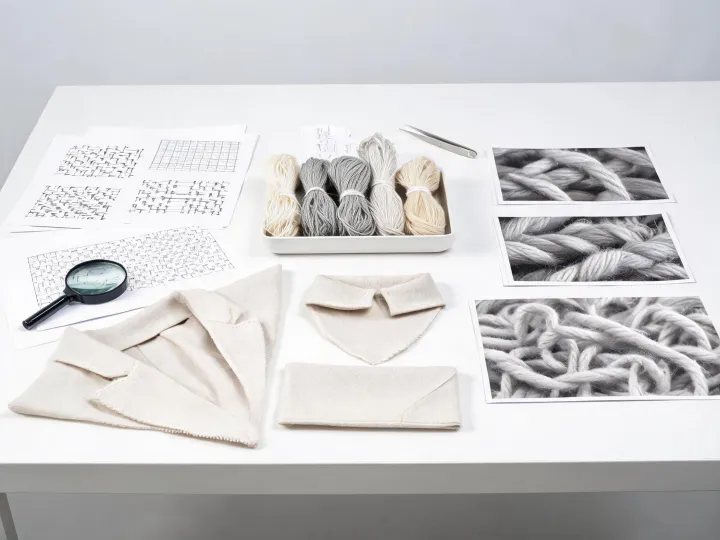 Fine fabric research table with weave and fiber studies