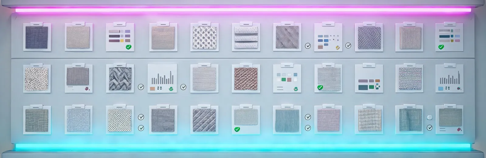 Tailored fabric development wall with sample decisions